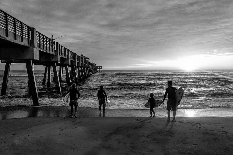 Family Surfing in Black and White Photograph by Debra and Dave Vanderlaan
