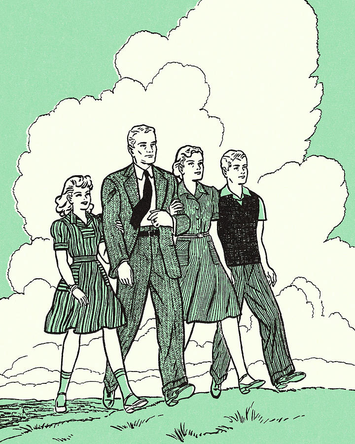 Vintage Drawing - Family Walking by CSA Images