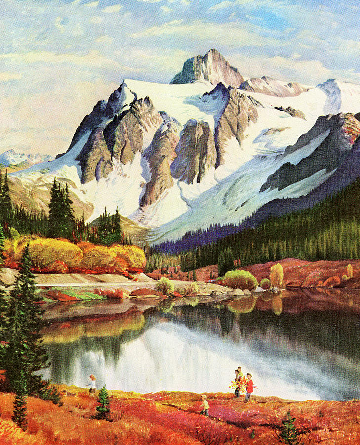 Nature Drawing - Family Walking Near Lake and Mountain by CSA Images