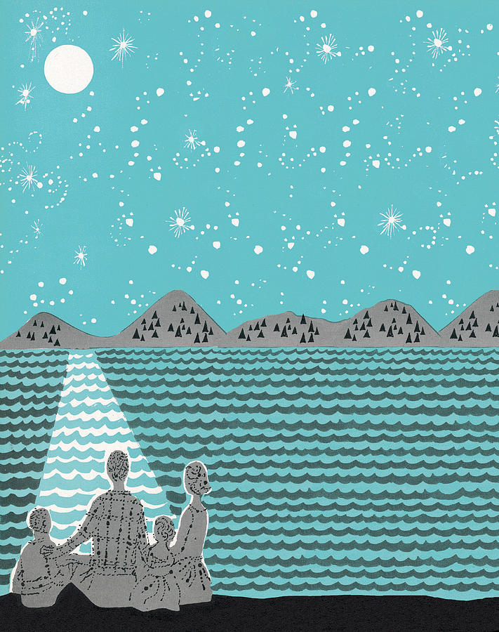Science Fiction Drawing - Family Watching the Night Sky by CSA Images