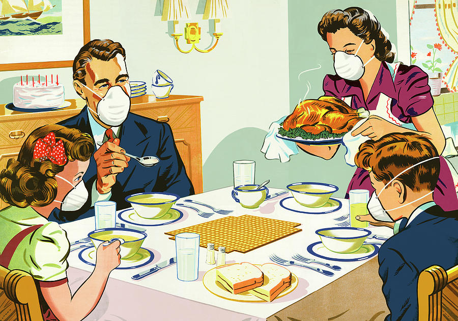 Thanksgiving Drawing - Family Wearing Face Masks at Dinner Table by CSA Images