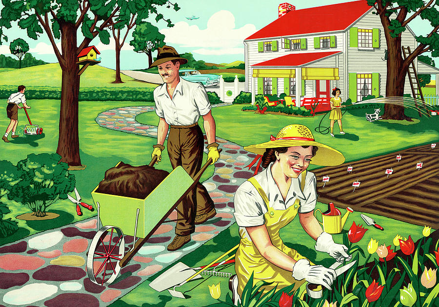 Spring Drawing - Family Working in the Yard by CSA Images