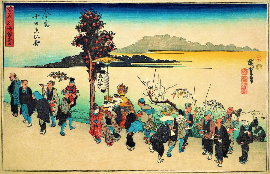 Music Painting - Famous Views Of Naniwa - Imamiya Toka Ebisu by Utagawa Hiroshige