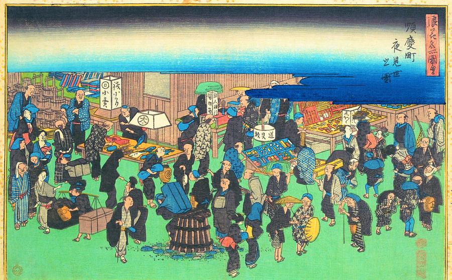 Cool Painting - Famous Views Of Naniwa - Yomise in Junkei town by Utagawa Hiroshige