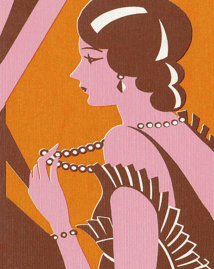 Vintage Drawing - Fancy Woman Holding Strand of Pearls by CSA Images