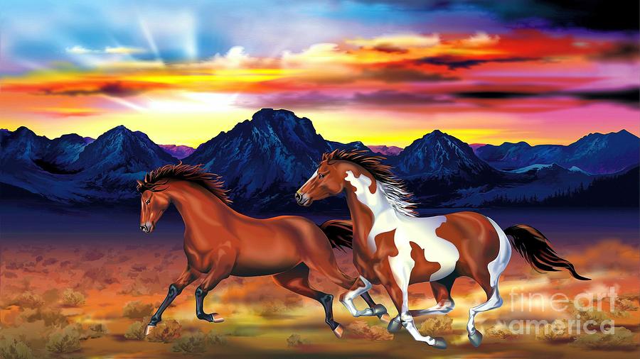 Fantastic Horses Galloping Across Prairie Ultra HD Painting by Hi Res
