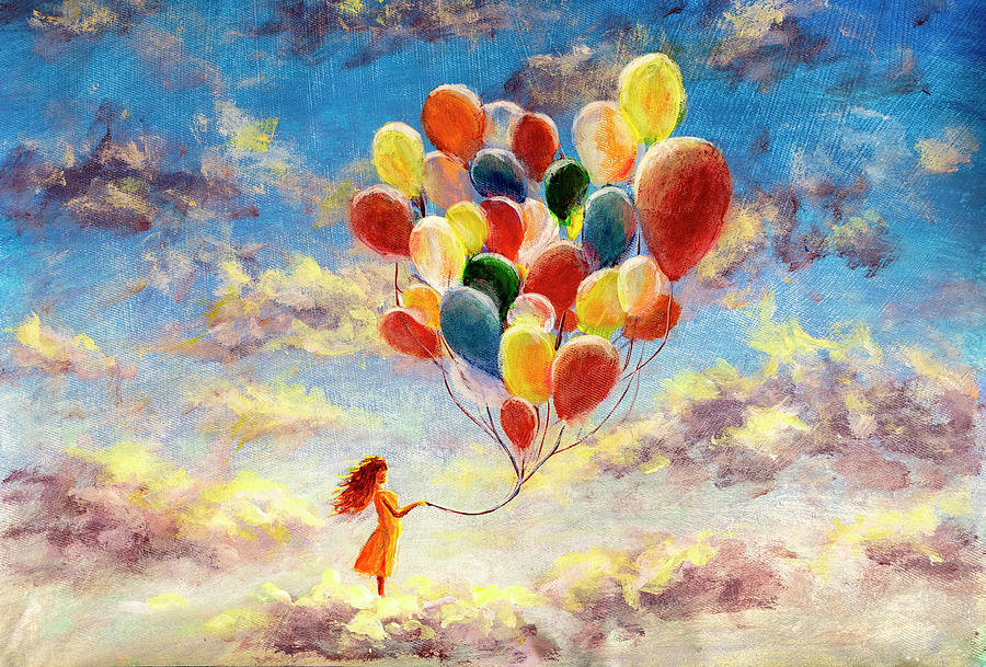 Fantasy Acrylic Painting Happiness Young Woman Girl With Colorful Balloons On Clouds In Sky Painting By Valery Rybakow