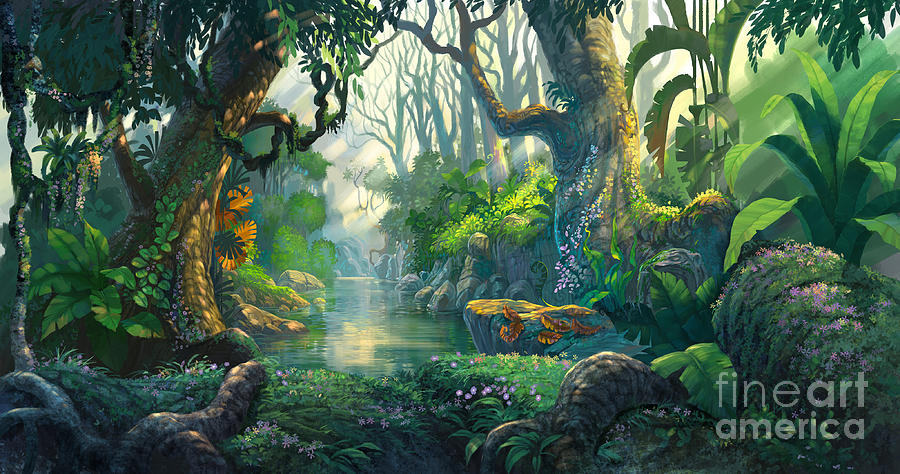 Country Digital Art - Fantasy Forest Background Illustration by Noreefly
