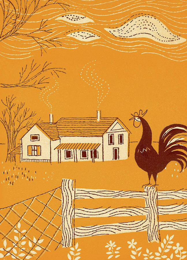 Rooster Drawing - Farm House and Rooster by CSA Images