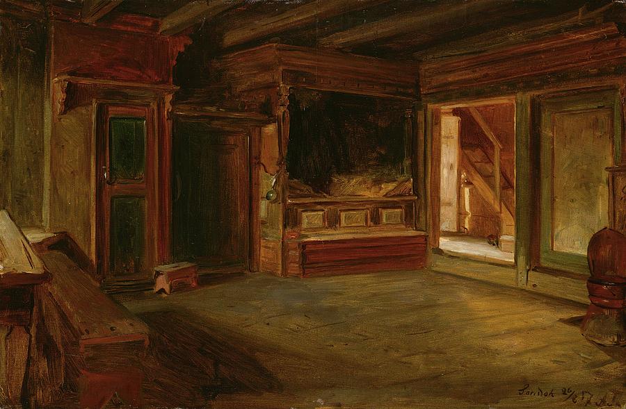 Furniture Painting - Farm Interior From Sandak by Adolph Tidemand
