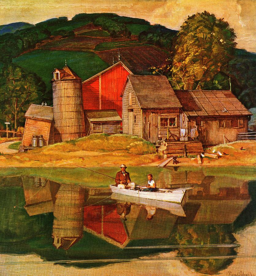 Farm Pond Landscape Drawing by Mead Schaeffer