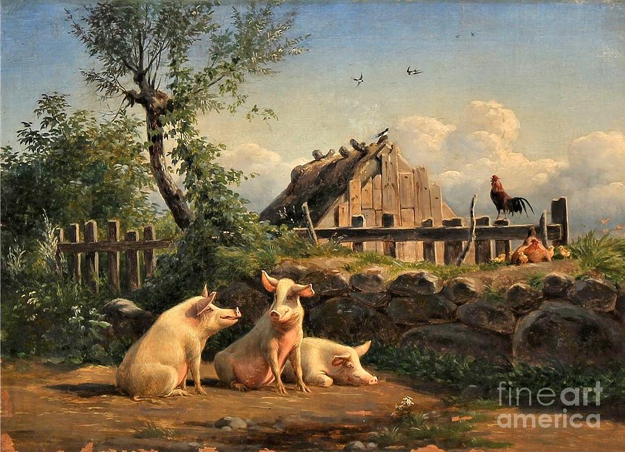 Farm with pigs and chickens Painting by Thea Recuerdo