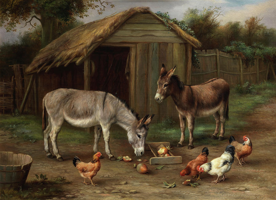 Farmyard scene with donkeys and chickens Painting by Edgar Hunt - Pixels