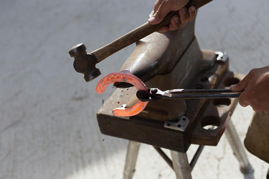 Tool Photograph - Farrier Hammering A Red Hot Horseshoe On An Anvil by Cavan Images