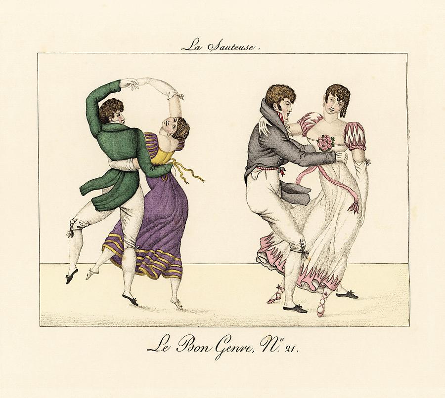Fashionable couples dancing la Sauteuse, by Pierre de la Mesangeres Le Bon Genre, Paris, 1817. Drawing by Album