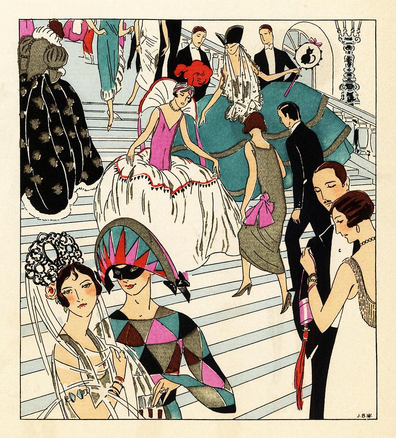 Fashionable people ascending a staircase to a masquerade ball in fancy dress. Drawing by Album