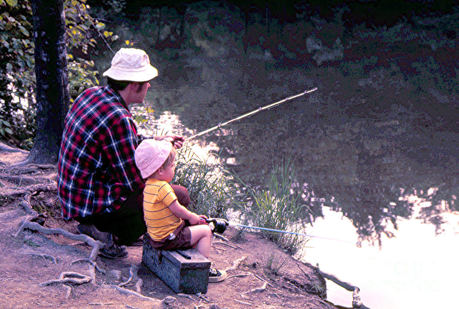 Father 3 year old son great-grandfathers tackle box fishing friends Photograph by Robert C Paulson Jr
