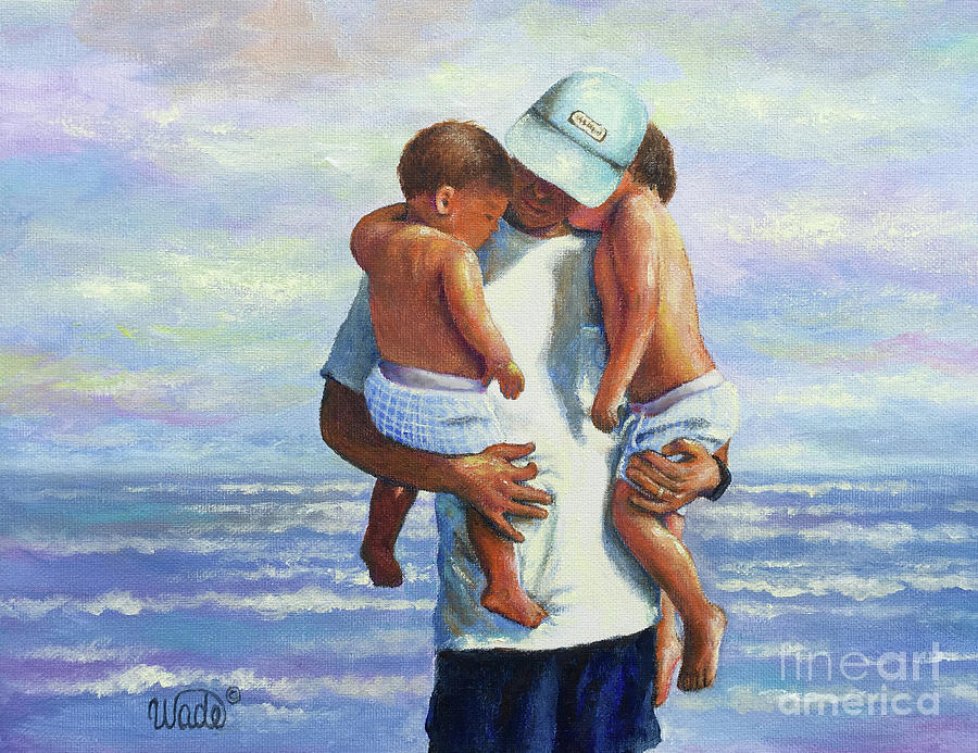 Father Carrying Two Sons At Beach Painting by Vickie Wade
