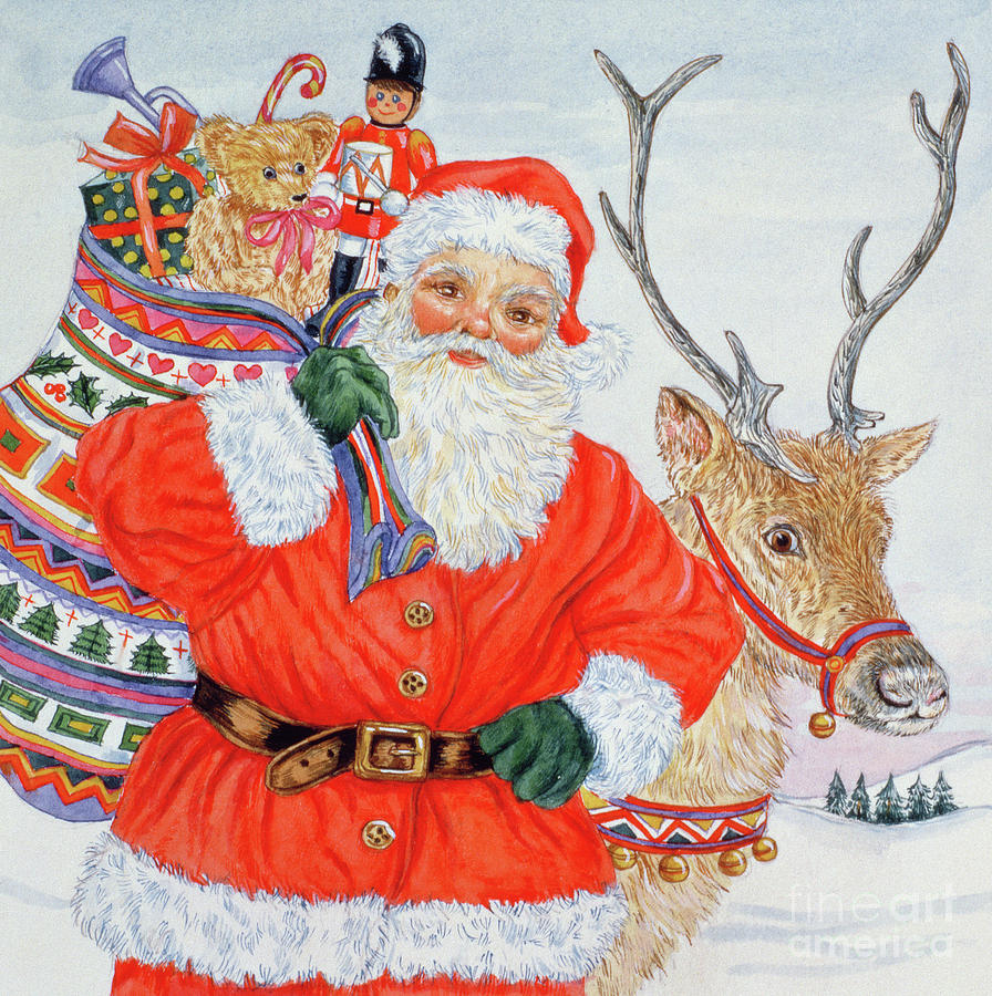 Santa Claus Painting - Father Christmas and his reindeer  by Catherine Bradbury