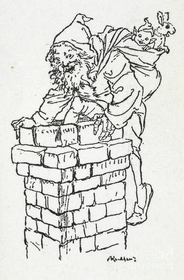 Father Christmas Climbing Down A Chimney With A Sack Of Gifts Painting by European School