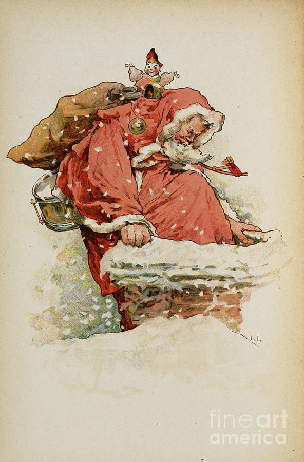 Father Christmas Climbing Into A Chimney Painting by European School