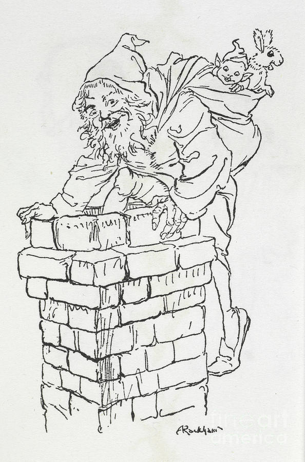Father Christmas Climbing Into A Chimney With Gifts Painting by European School