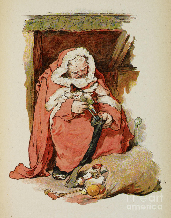 Father Christmas Filling A Christmas Stocking Painting by European School
