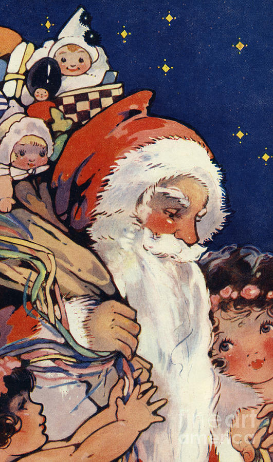 Father Christmas with sack of toys for children Painting by English School