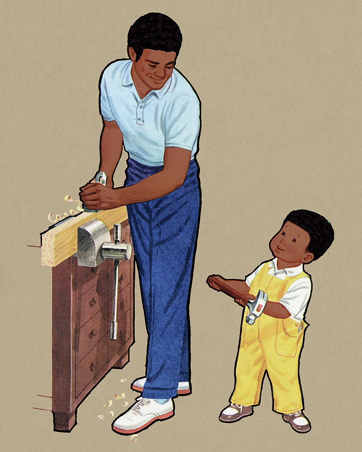 Vintage Drawing - Father Planing a Piece of Wood by CSA Images
