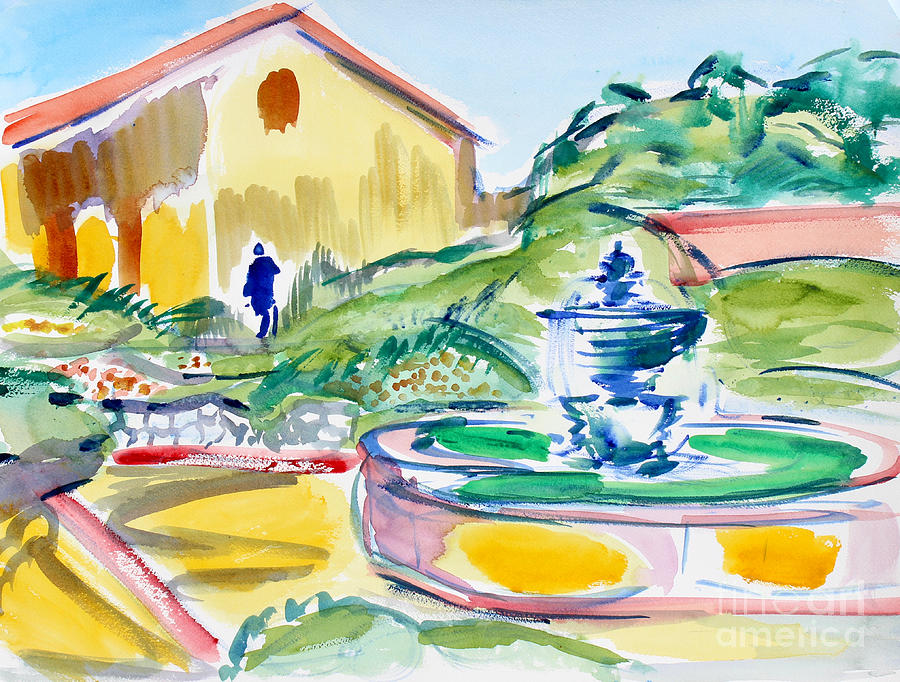 Father Serra Statue And Fountain, Carmel Mission Painting by Richard Fox