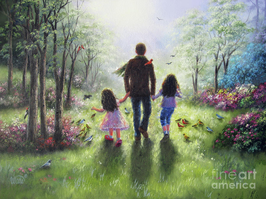 Father Two Daughters and Forest Painting by Vickie Wade