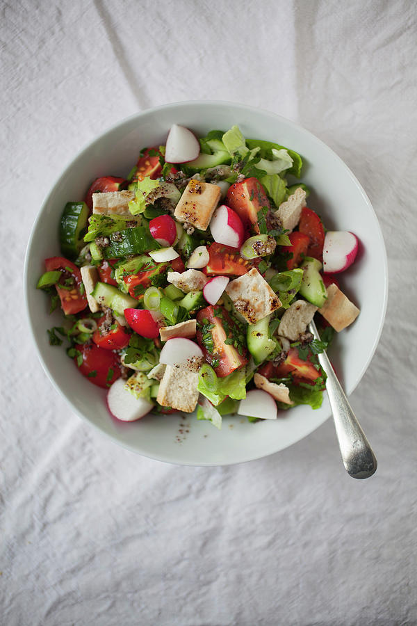 Fattoush middle Eastern Salad Of Cucumber, Tomato, Spring Onion With A