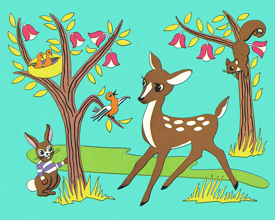Deer Drawing - Fawn and Animals in the Woods by CSA Images