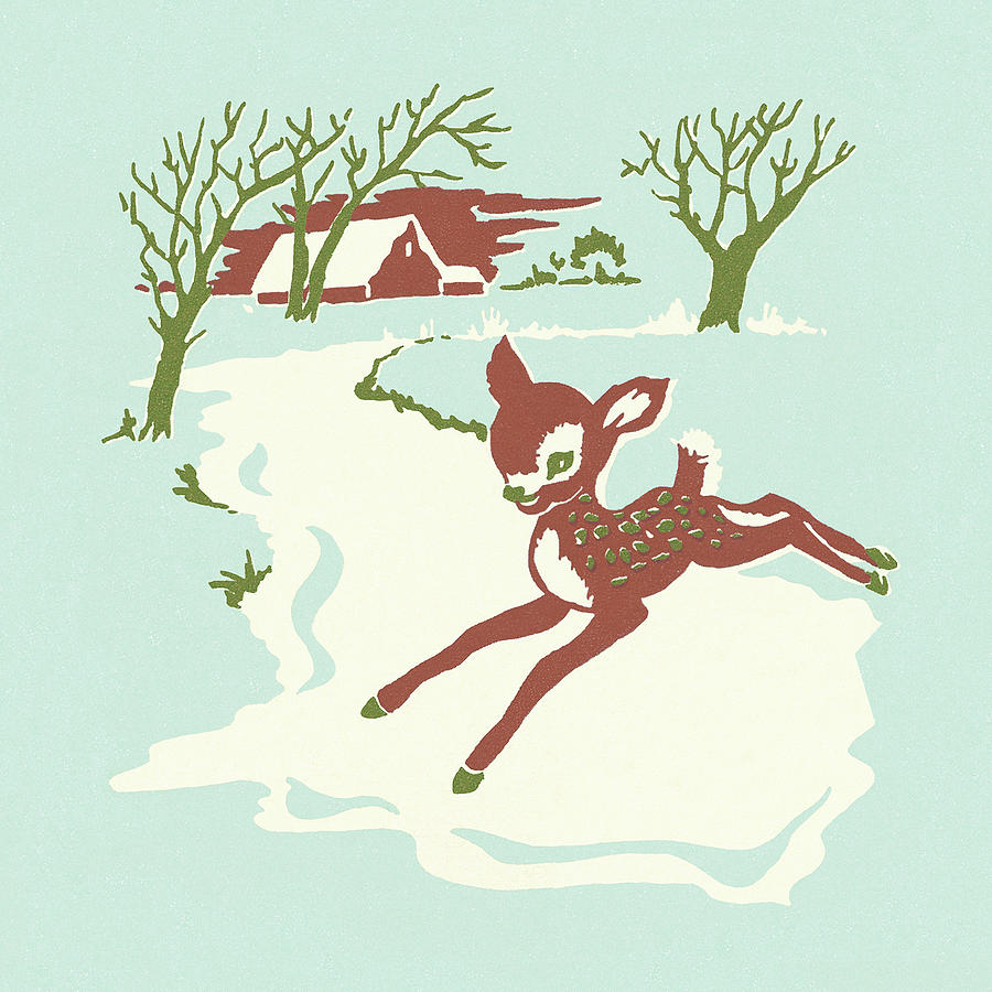 Fawn in Winter Scene Drawing by CSA Images Fawn in Winter Scene Drawing by CSA Images