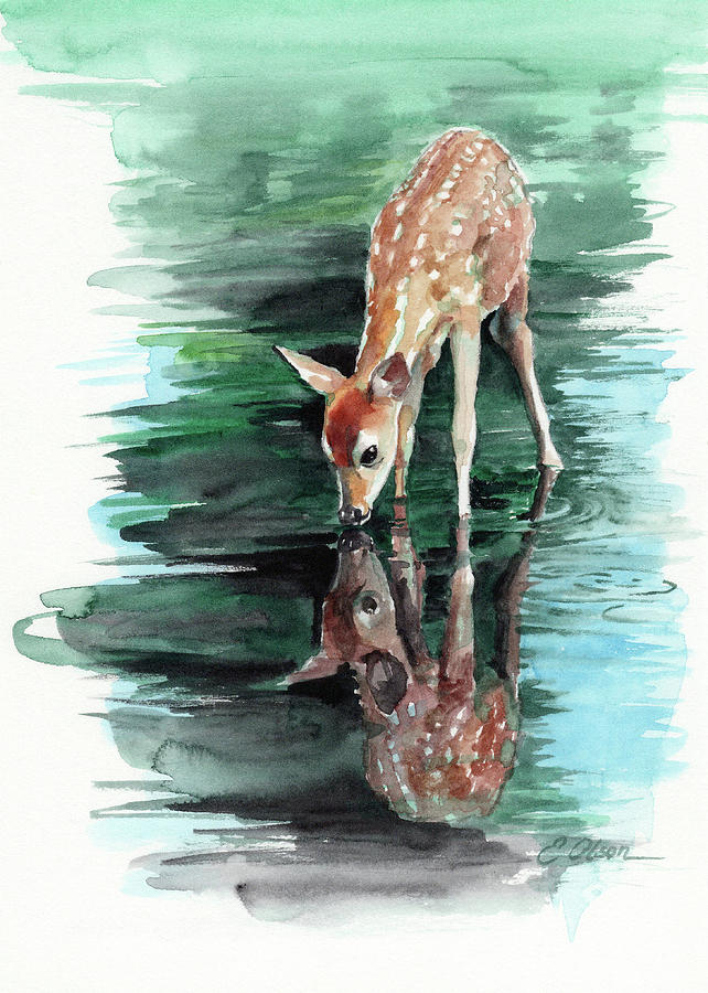 Fawn Reflections Painting by Emily Olson