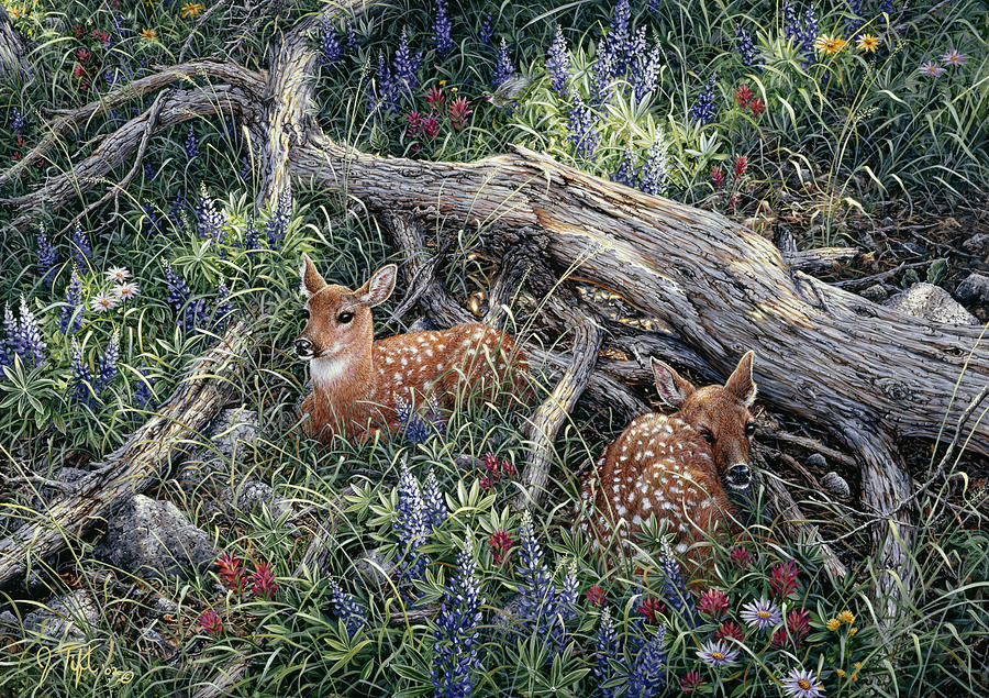 Deer Painting - Fawns And Flowers by Jeff Tift