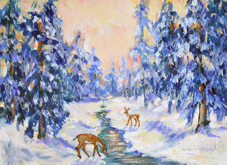 Fawns in Winter Painting by Li Newton
