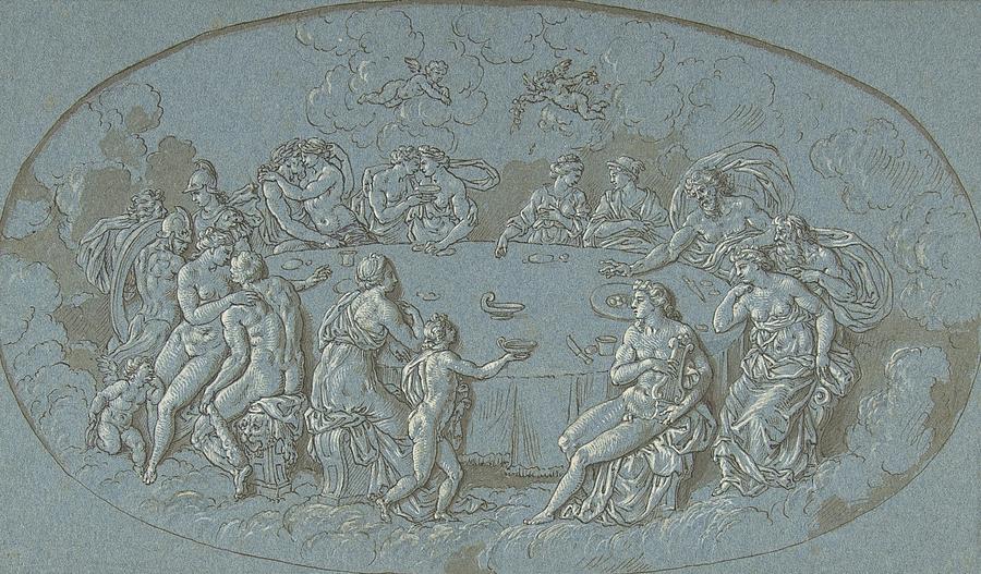 Mythological Drawing - Feast Of The Gods by Circle Of Bernard Picart