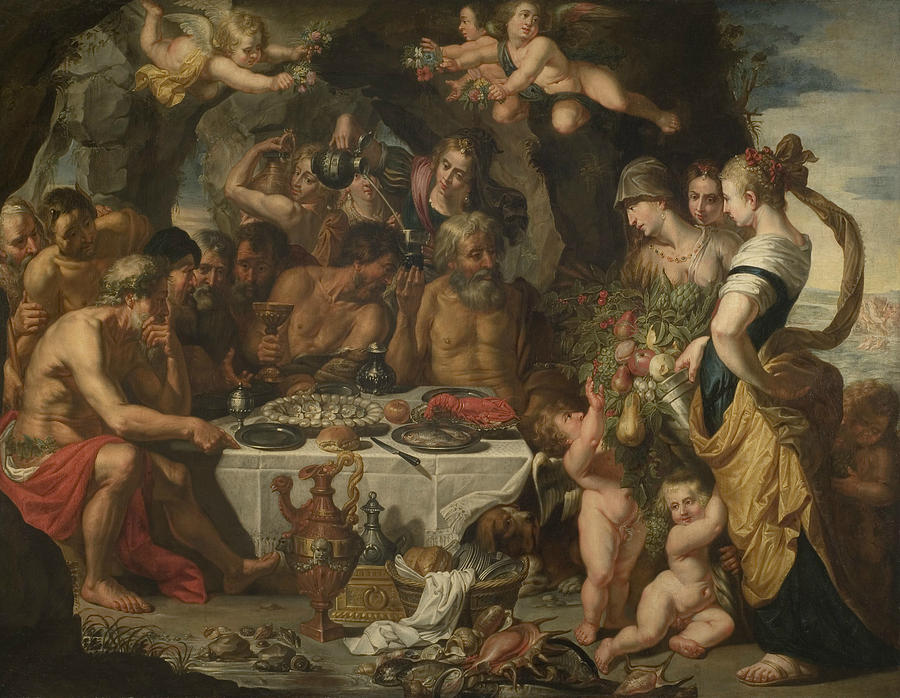 Feast of the Gods in a Cave near the Sea Shore Painting by Gerard Seghers