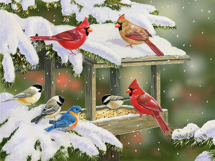 Bird Painting - Feasting At The Feeder by William Vanderdasson