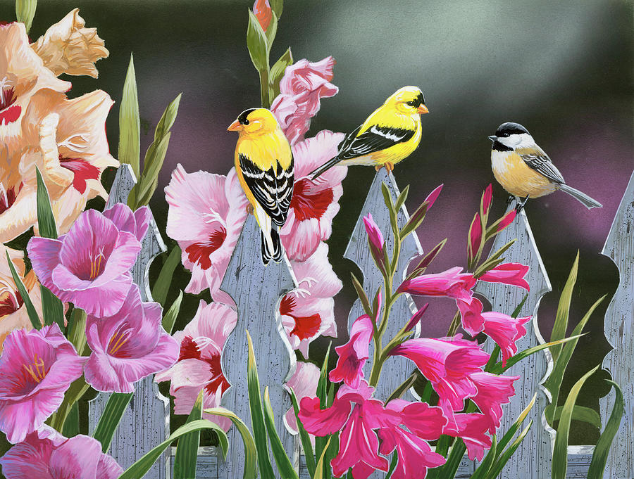 Animal Painting - Feathered Friends And Gladiolus by William Vanderdasson
