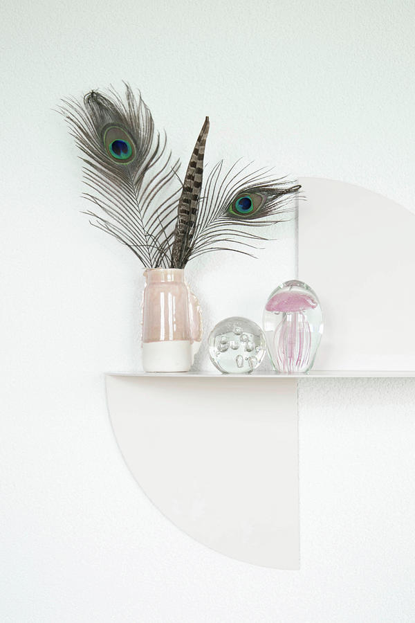 Feathers In Jug On Artistic Metal Shelf Photograph by Ilaria Chiaratti