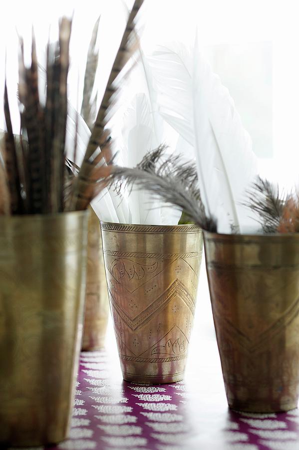 Feathers In Ornate Pewter Beakers Photograph by Bjarni B. Jacobsen