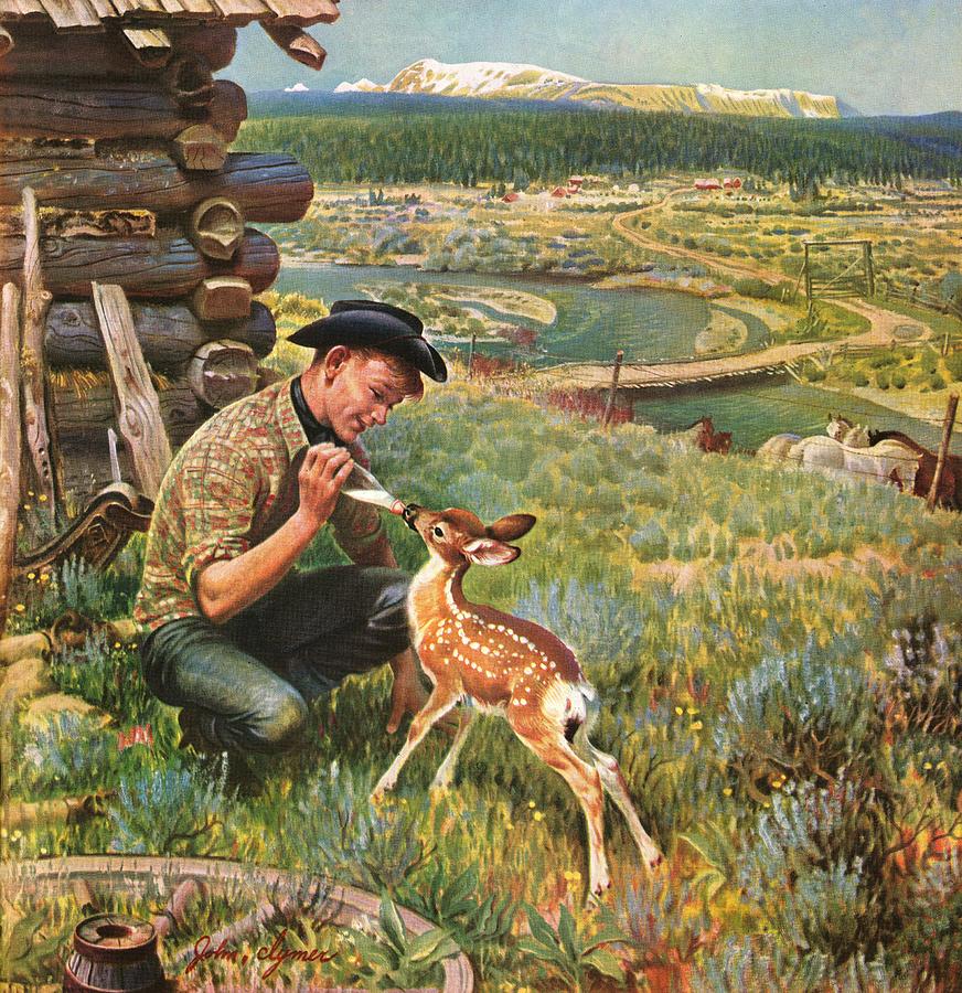Deer Drawing - Feeding Fawn Near Flowering Field by John Clymer