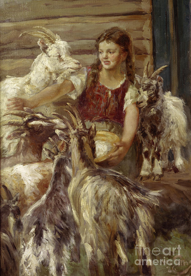 Feeding The Goats, 1926 Painting by Wilhelm Peters