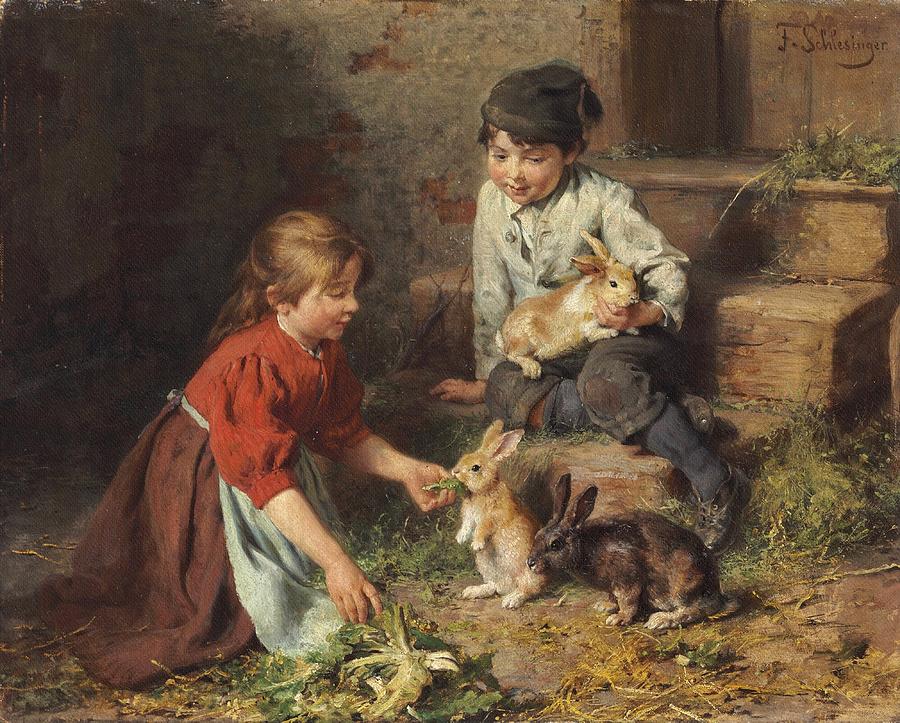 Feeding the Rabbits 2 Painting by Felix Schlesinger