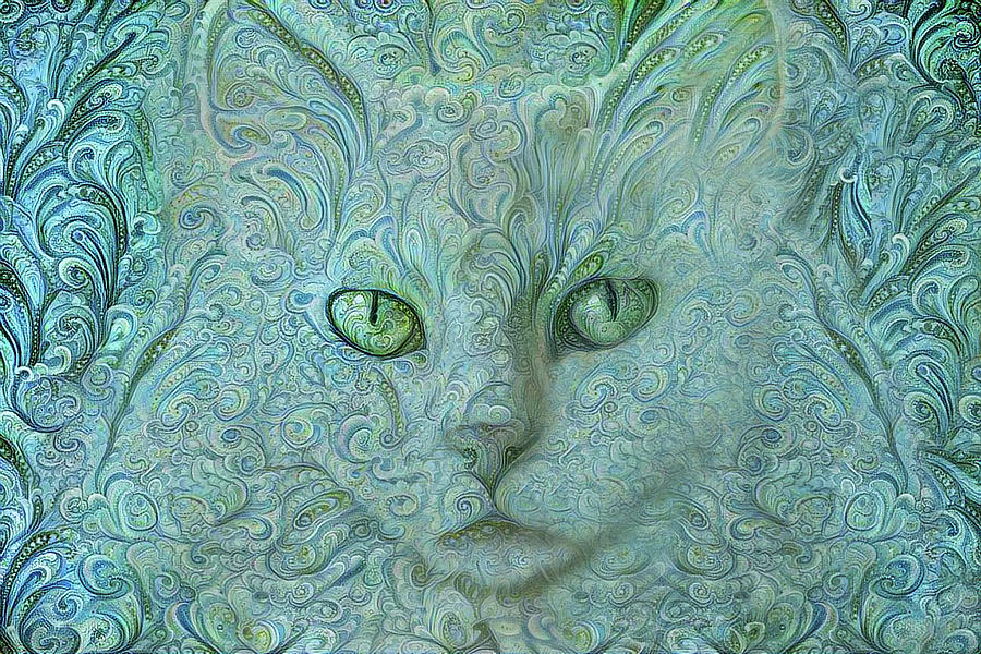 Blue Green Paisley Long Haired White Cat Digital Art by Peggy Collins