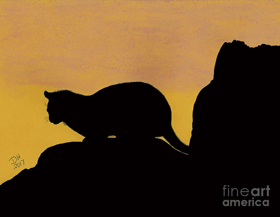 Feline Silhouette Sunset Drawing by D Hackett