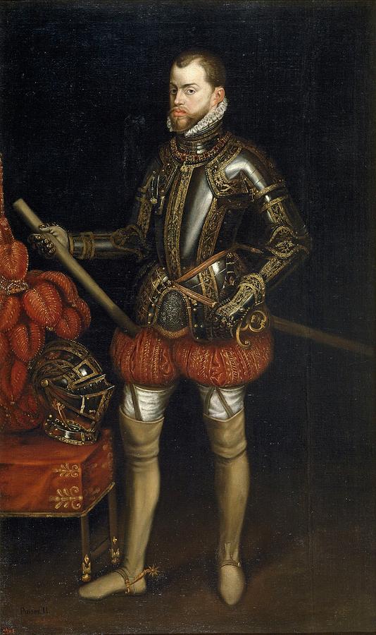 Felipe II, con la armadura de San Quintin, First half 17th century, Spanish School,... Painting by Anonymous