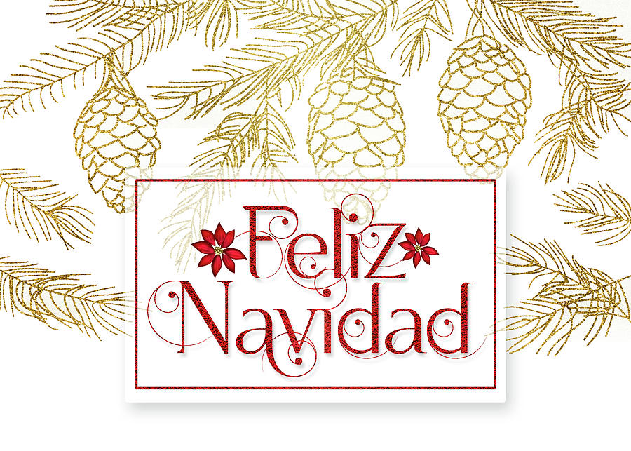 Feliz Navidad Golden Pines with Red Typography Digital Art by Doreen Erhardt